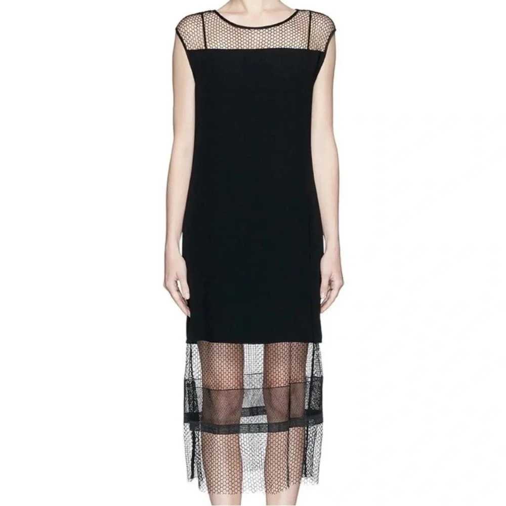 Helmut Lang black satin mesh lace trim midi dress